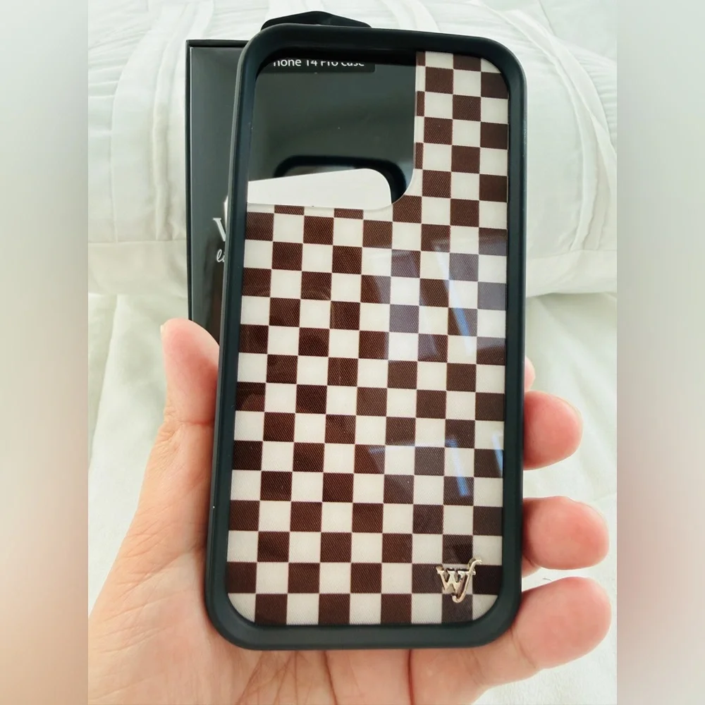 Wildflower iPhone 14 Pro Case Brown Checkerboard Trendy Viral Style Giftable